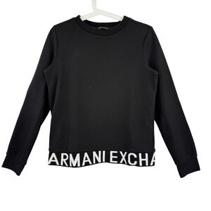 Armani Exchange Women's Logo Hem Pullover Black Crewneck Sweatshirt Size Small
